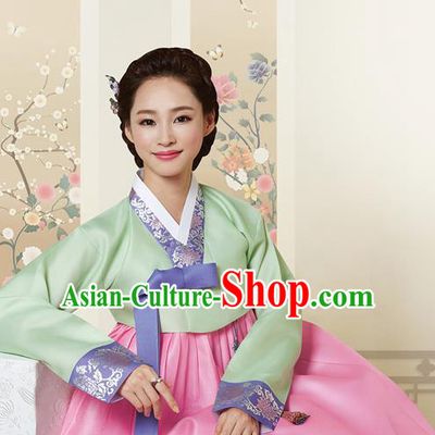 Korean Traditional Bride Court Hanbok Light Green Blouse and Pink Dress Garment Asian Korea Fashion Costume for Women