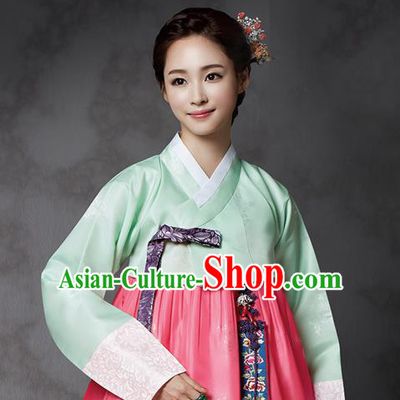 Korean Traditional Bride Court Hanbok Green Satin Blouse and Pink Dress Garment Asian Korea Fashion Costume for Women