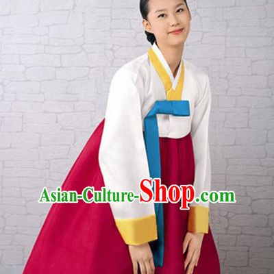 Korean Traditional Bride Court Hanbok White Satin Blouse and Wine Red Dress Garment Asian Korea Fashion Costume for Women