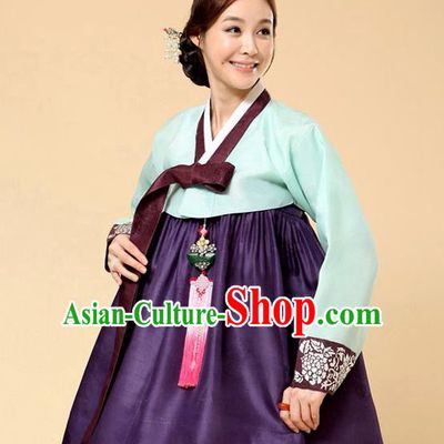 Korean Traditional Bride Court Hanbok Light Blue Satin Blouse and Purple Dress Garment Asian Korea Fashion Costume for Women