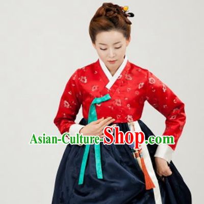 Korean Traditional Bride Court Hanbok Red Satin Blouse and Navy Dress Garment Asian Korea Fashion Costume for Women