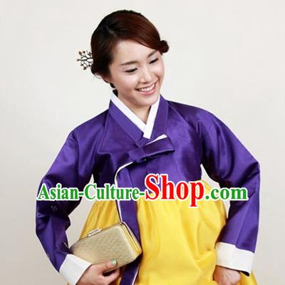 Korean Traditional Bride Mother Hanbok Purple Satin Blouse and Yellow Dress Garment Asian Korea Fashion Costume for Women