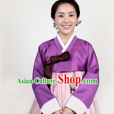 Korean Traditional Bride Mother Hanbok Purple Satin Blouse and Pink Dress Garment Asian Korea Fashion Costume for Women