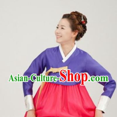 Korean Traditional Bride Mother Hanbok Purple Satin Blouse and Pink Dress Garment Asian Korea Fashion Costume for Women