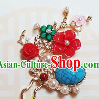 Korean Traditional Wedding Bride Red Ceramic Flower Hairpins Asian Korea Hanbok Hair Accessories for Women