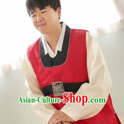 Korean Traditional Wedding Red Vest and Navy Pants Hanbok Asian Korea Bridegroom Fashion Costume for Men