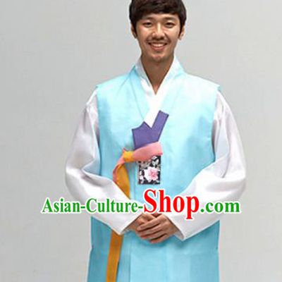 Korean Traditional Wedding Blue Long Vest and Pants Hanbok Asian Korea Bridegroom Fashion Costume for Men