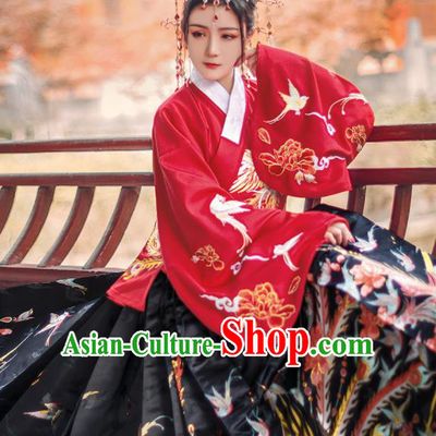 Chinese Traditional Ming Dynasty Princess Red Brocade Blouse and Skirt Ancient Palace Lady Costumes for Women
