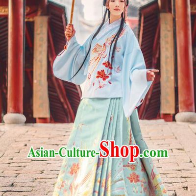 Chinese Traditional Ming Dynasty Nobility Lady Blue Brocade Blouse and Skirt Ancient Palace Princess Costumes for Women
