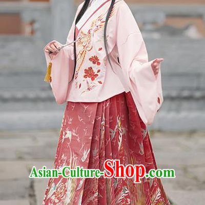 Chinese Traditional Royal Pink Brocade Blouse and Red Skirt Ancient Ming Dynasty Nobility Lady Costumes for Women