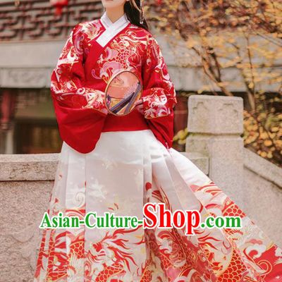 Chinese Traditional Wedding Hanfu Red Brocade Blouse and White Skirt Ancient Ming Dynasty Royal Princess Costumes for Women