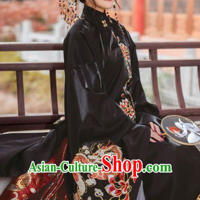 Chinese Traditional Court Black Brocade Long Blouse and Skirt Ancient Ming Dynasty Imperial Consort Costumes for Women