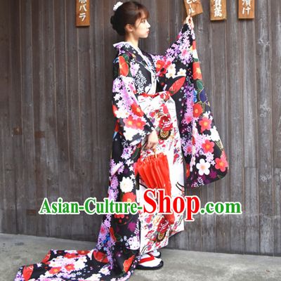 Classical Asian Japan Clothing Japanese Fashion Apparel Printing Furisode Kimono Costume Complete Set for Women
