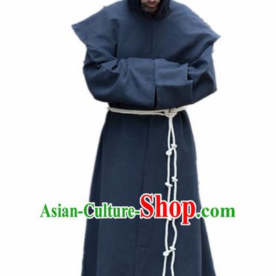 Western Halloween Middle Ages Drama Missionary Deep Blue Robe European Traditional Churchman Costume for Men