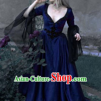 Western Halloween Cosplay Queen Blue Dress European Traditional Middle Ages Court Costume for Women