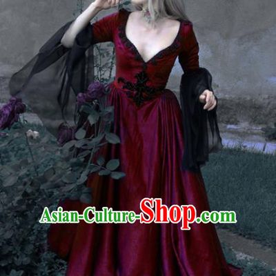 Western Halloween Cosplay Queen Wine Red Dress European Traditional Middle Ages Court Costume for Women