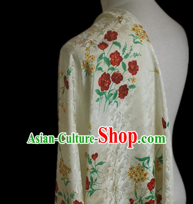 Asian Chinese Classical Printing Flowers Pattern Design Beige Silk Fabric Traditional Cheongsam Brocade Material Asian Chinese Classical Printing Flowers Pattern Design Beige Silk Fabric Traditional Cheongsam Brocade Material