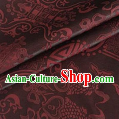 Asian Chinese Classical Double Fish Pattern Design Brown Silk Fabric Traditional Cheongsam Material