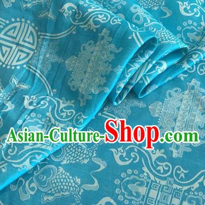 Asian Chinese Classical Double Fish Pattern Design Blue Silk Fabric Traditional Cheongsam Material