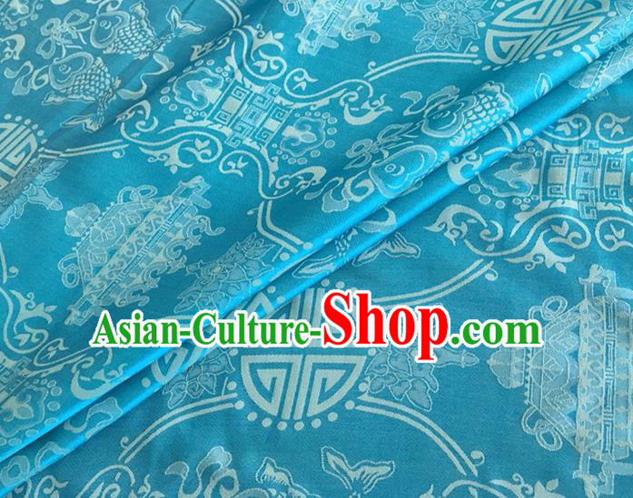 Asian Chinese Classical Double Fish Pattern Design Blue Silk Fabric Traditional Cheongsam Material Asian Chinese Classical Double Fish Pattern Design Blue Silk Fabric Traditional Cheongsam Material