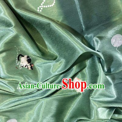 Asian Chinese Classical Cat Pattern Design Green Silk Fabric Traditional Hanfu Brocade Material