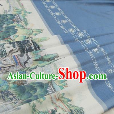 Asian Chinese Classical Printing Dream of the Red Chamber Pattern Design Blue Silk Fabric Traditional Hanfu Brocade Material