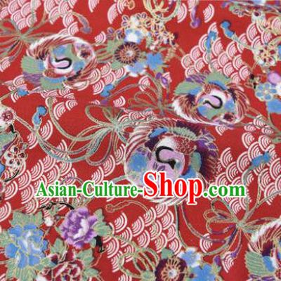 Asian Japanese Classical Swan Pattern Design Red Silk Fabric Traditional Kimono Brocade Material