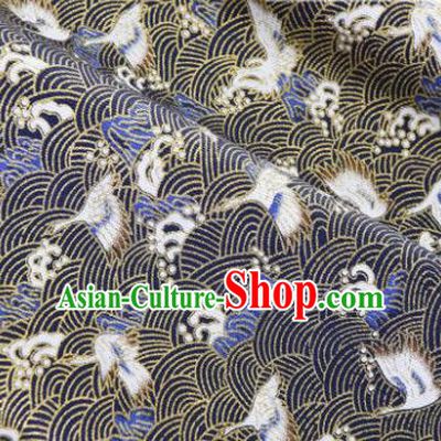 Asian Japanese Classical Wave Crane Pattern Design Navy Silk Fabric Traditional Kimono Brocade Material