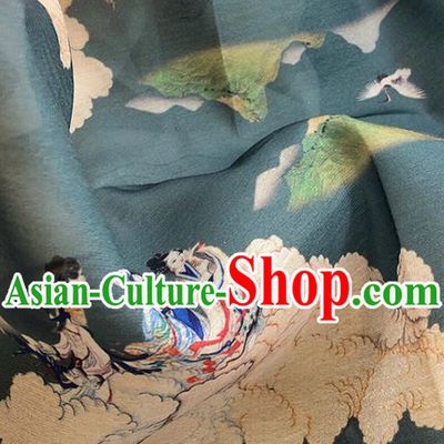 Asian Chinese Classical Printing Pattern Design Green Silk Fabric Traditional Hanfu Brocade Material