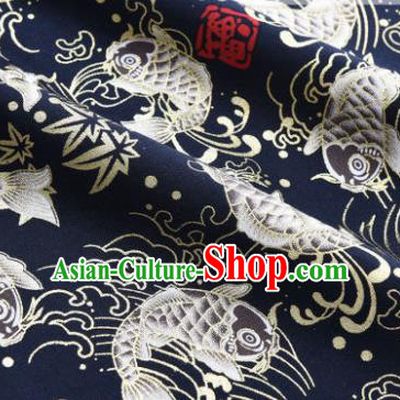 Asian Japanese Classical Carp Pattern Design Navy Silk Fabric Traditional Kimono Brocade Material