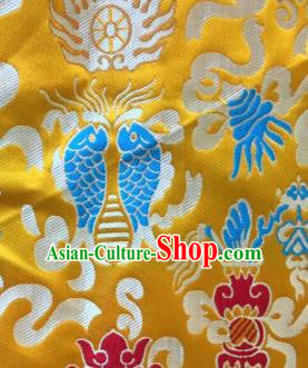 Asian Chinese Classical Fish Pattern Design Golden Silk Fabric Traditional Tibetan Brocade Material Asian Chinese Classical Fish Pattern Design Golden Silk Fabric Traditional Tibetan Brocade Material