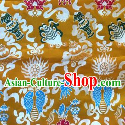 Asian Chinese Classical Fish Pattern Design Golden Silk Fabric Traditional Tibetan Brocade Material