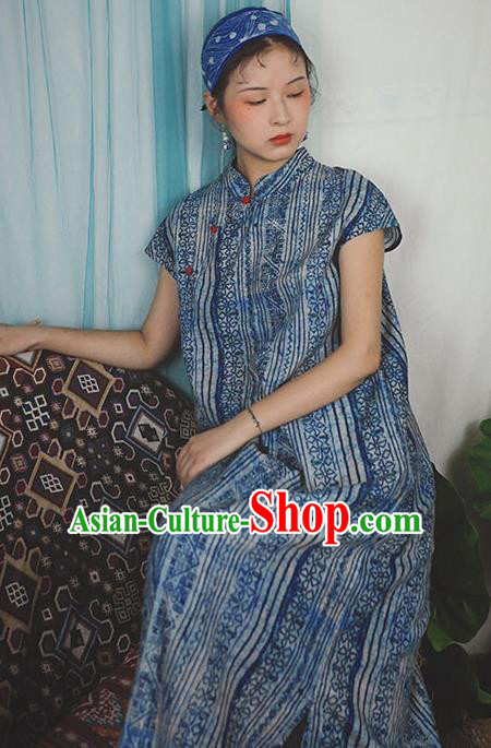 Chinese Traditional Navy Qipao Dress National Costume Cheongsam for Women