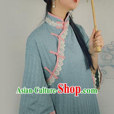 Chinese Traditional Blue Linen Qipao Dress National Costume Cheongsam for Women