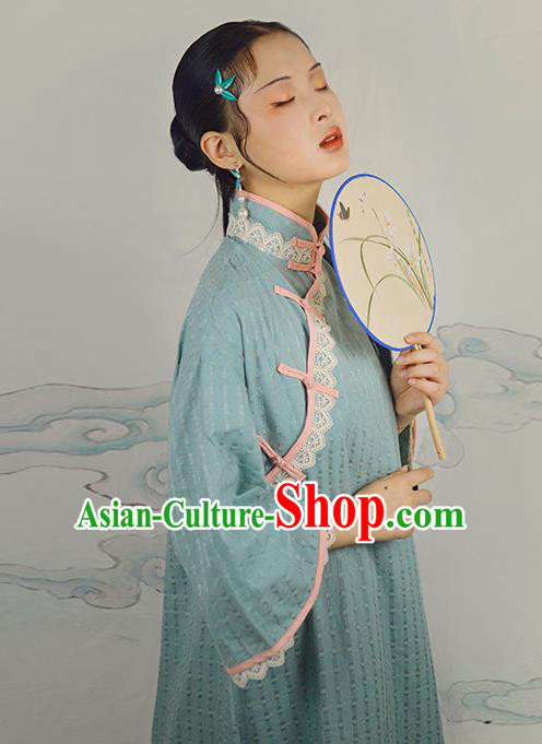 Chinese Traditional Blue Linen Qipao Dress National Costume Cheongsam for Women Chinese Traditional Blue Linen Qipao Dress National Costume Cheongsam for Women
