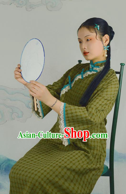 Chinese Traditional Olive Green Linen Qipao Dress National Costume Cheongsam for Women Chinese Traditional Olive Green Linen Qipao Dress National Costume Cheongsam for Women