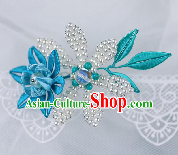 Chinese Traditional Blue Flower Pearls Hairpin Handmade Hanfu Hair Accessories for Women Chinese Traditional Blue Flower Pearls Hairpin Handmade Hanfu Hair Accessories for Women