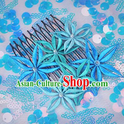 Chinese Traditional Blue Flowers Hair Comb Handmade Hanfu Hair Accessories for Women