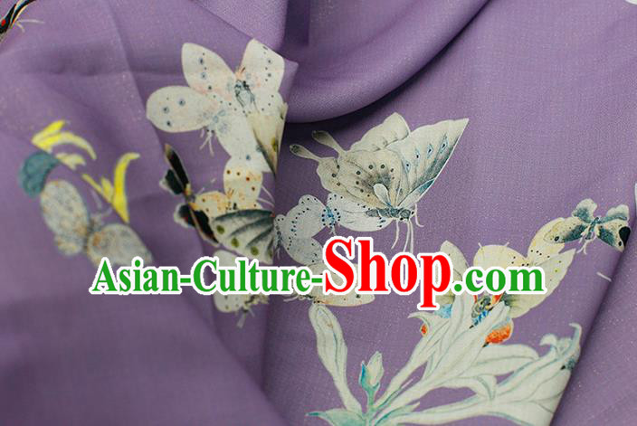 Asian Chinese Classical Printing Butterfly Pattern Design Purple Silk Fabric Traditional Hanfu Brocade Material Asian Chinese Classical Printing Butterfly Pattern Design Purple Silk Fabric Traditional Hanfu Brocade Material