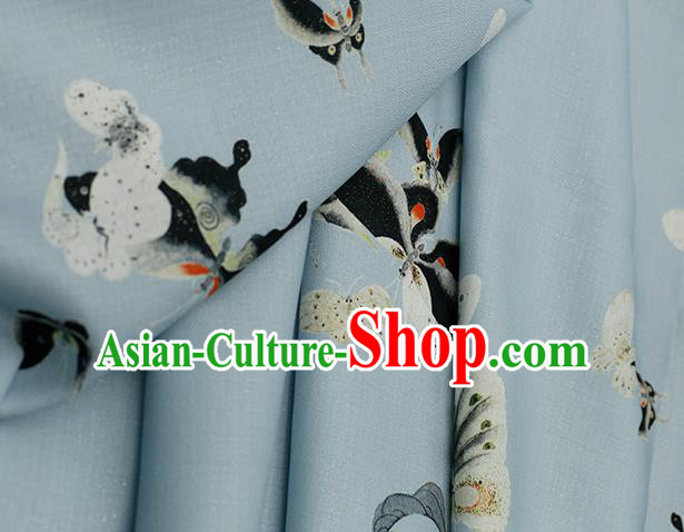 Asian Chinese Classical Printing Butterfly Pattern Design Blue Silk Fabric Traditional Hanfu Brocade Material Asian Chinese Classical Printing Butterfly Pattern Design Blue Silk Fabric Traditional Hanfu Brocade Material
