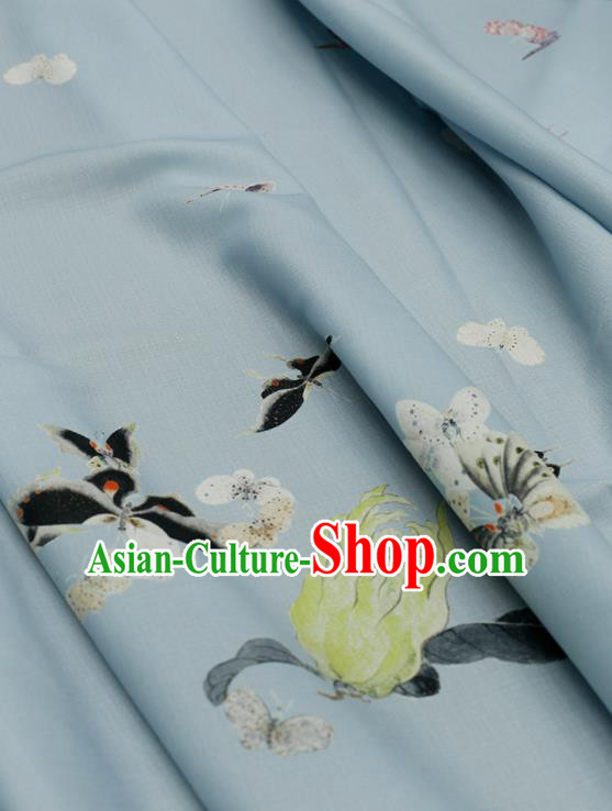 Asian Chinese Classical Printing Butterfly Pattern Design Blue Silk Fabric Traditional Hanfu Brocade Material Asian Chinese Classical Printing Butterfly Pattern Design Blue Silk Fabric Traditional Hanfu Brocade Material