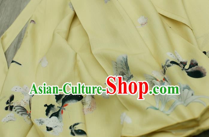 Asian Chinese Classical Printing Butterfly Pattern Design Yellow Silk Fabric Traditional Hanfu Brocade Material Asian Chinese Classical Printing Butterfly Pattern Design Yellow Silk Fabric Traditional Hanfu Brocade Material