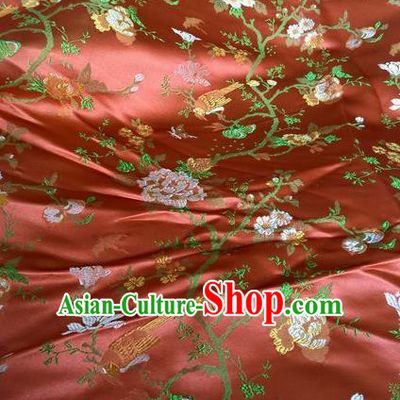 Asian Chinese Classical Peony Bird Pattern Design Red Silk Fabric Traditional Nanjing Brocade Material