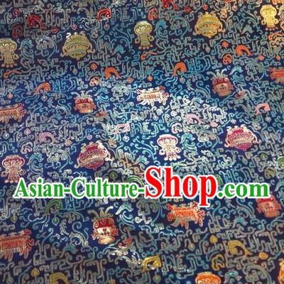 Asian Chinese Classical Eight Treasures Pattern Design Navy Silk Fabric Traditional Nanjing Brocade Material