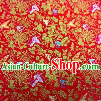 Asian Chinese Classical Butterfly Chrysanthemum Pattern Design Red Silk Fabric Traditional Nanjing Brocade Material