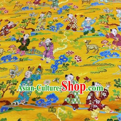 Asian Chinese Classical Children Pattern Design Golden Silk Fabric Traditional Nanjing Brocade Material