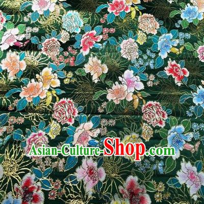 Asian Chinese Classical Peony Chrysanthemum Pattern Design Green Silk Fabric Traditional Nanjing Brocade Material
