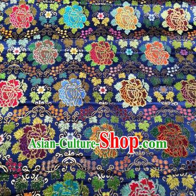Asian Chinese Classical Peony Pattern Design Royalblue Silk Fabric Traditional Nanjing Brocade Material