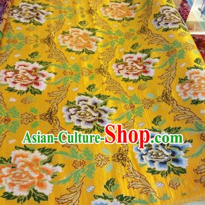 Asian Chinese Classical Peony Pattern Design Bright Yellow Silk Fabric Traditional Nanjing Brocade Material