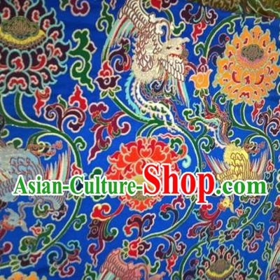 Asian Chinese Classical Phoenix Lotus Pattern Design Blue Silk Fabric Traditional Nanjing Brocade Material